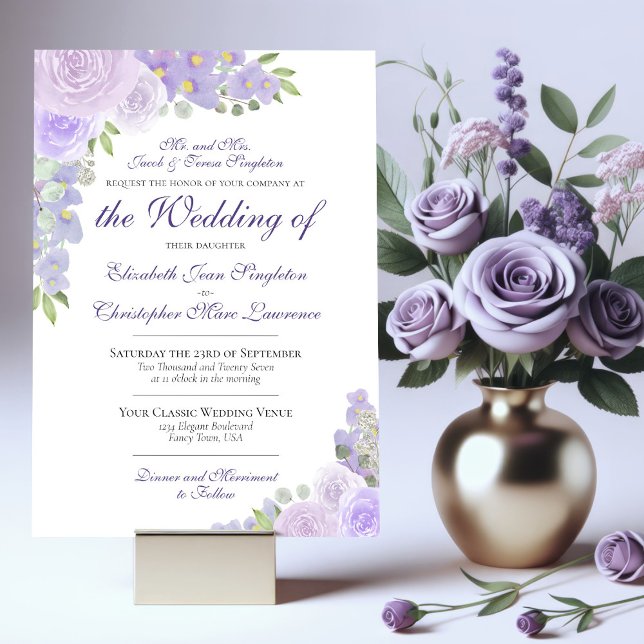 Lavender Purple Watercolor Floral Formal Wedding Invitation (Creator Uploaded)