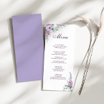 Lavender Purple Wedding Menu Card<br><div class="desc">This lavender-purple wedding menu card features white and purple watercolor peonies,  lavender,  geometric shapes,  and elegant modern typography. Ideal for an outdoor wedding. Find matching items in Lavender Purple Floral Wedding Collection.</div>