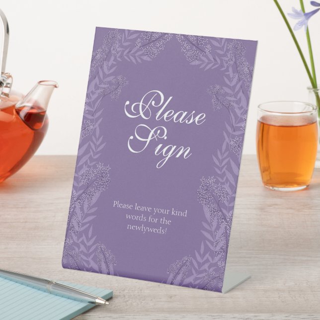 Lavender Purple Wedding Vintage Botanical Pedestal Sign (In SItu)