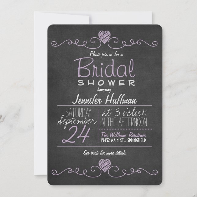 Lavender Purple & White; Chalkboard Bridal Shower Invitation (Front)