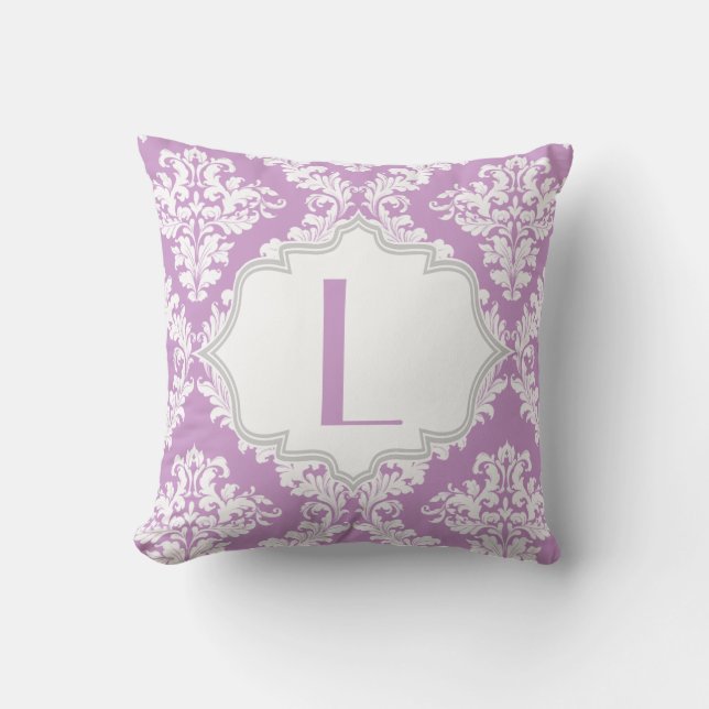 Lavender purple, white damask pattern throw pillow (Front)
