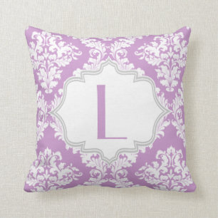 Lavender purple, white damask pattern throw pillow