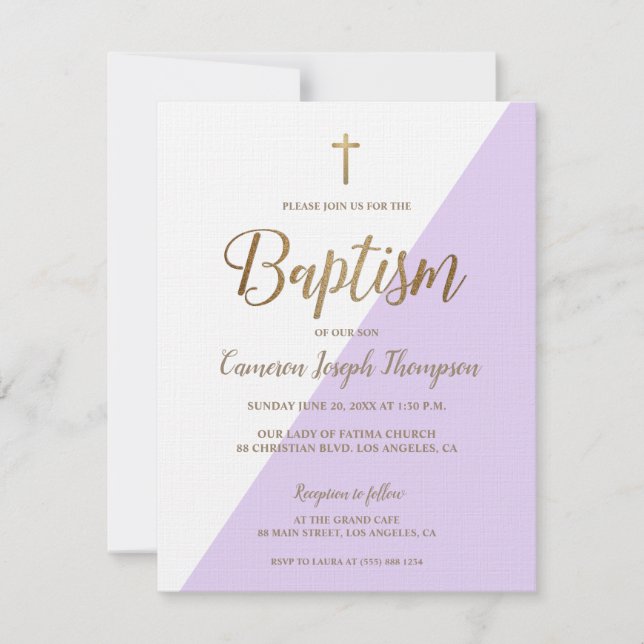 Lavender purple White Gold Modern Baptism Invitation (Front)