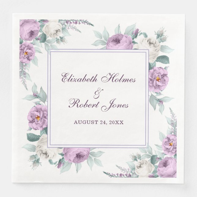 Lavender Purple White Peonies Wedding Napkins (Front)