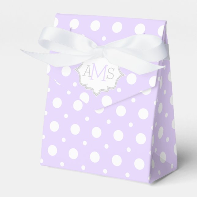 Lavender purple, white polka dot monogram wedding favor box (Front Side)