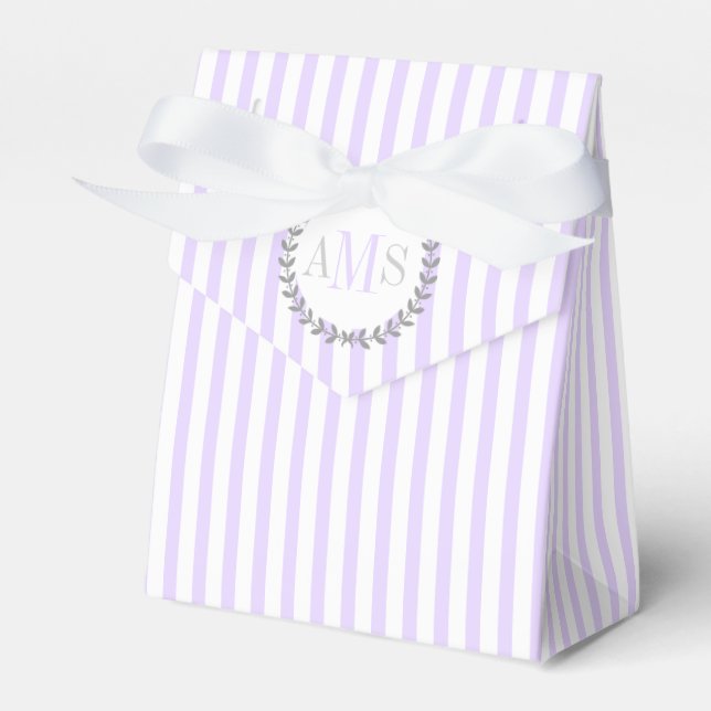 Lavender purple, white stripes monogram wedding favor box (Front Side)
