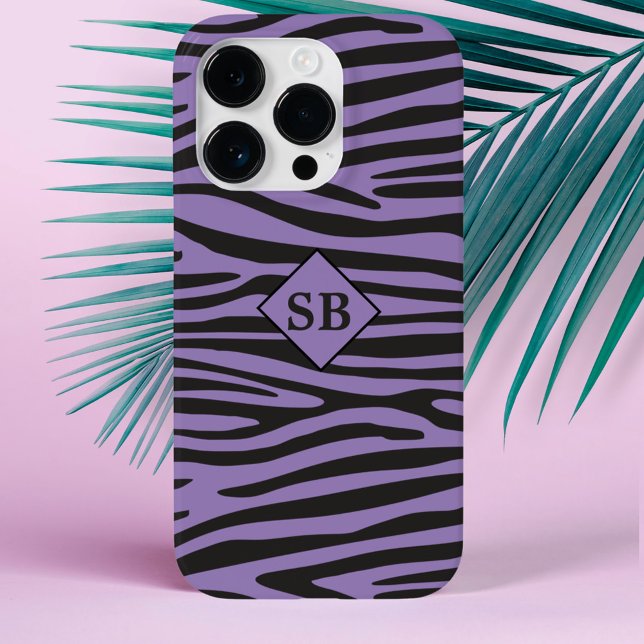 Lavender Purple Zebra Print Monogram Case-Mate iPhone Case (A purple and black zebra print phone case with space for your initials)