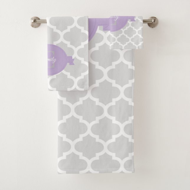 Lavender Quatrefoil Personalized Bath Towel Set (Insitu)