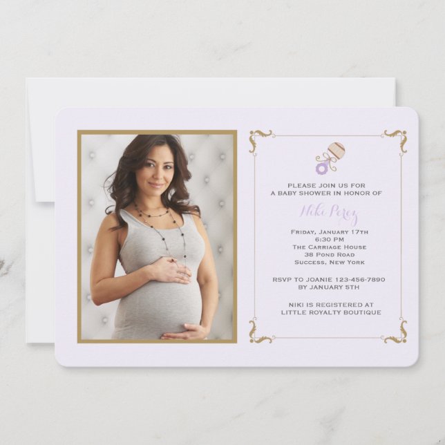 Lavender Rattle Photo Baby Shower Invitation (Front)