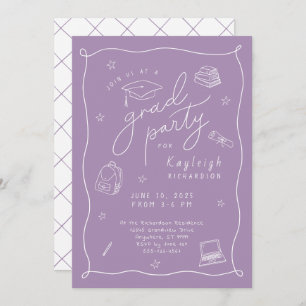 Lavender Retro Hand Drawn Grad Party Invitation