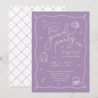 Lavender Retro Hand Drawn Grad Party Invitation
