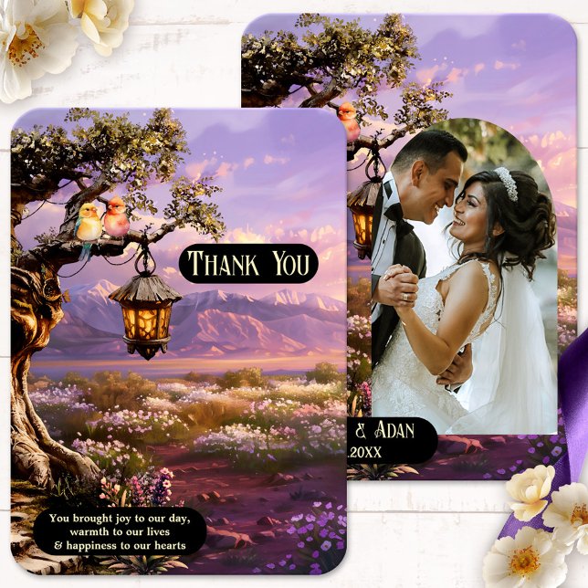 Lavender Romantic Art Photo Mariage Carte de remer (Wedding  photo Thank You card featuring a lavender landscape at sunset with lantern and love birds)