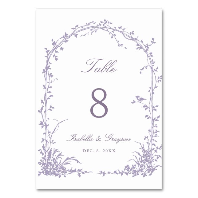 Lavender Romantic Botanical Arch Garden Wedding Table Number (Front)