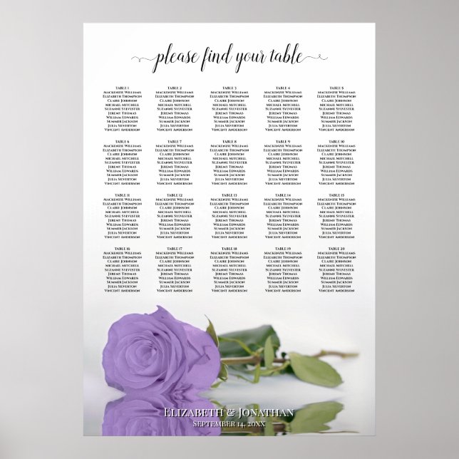 Lavender Rose 20 Table Wedding Seating Chart (Front)