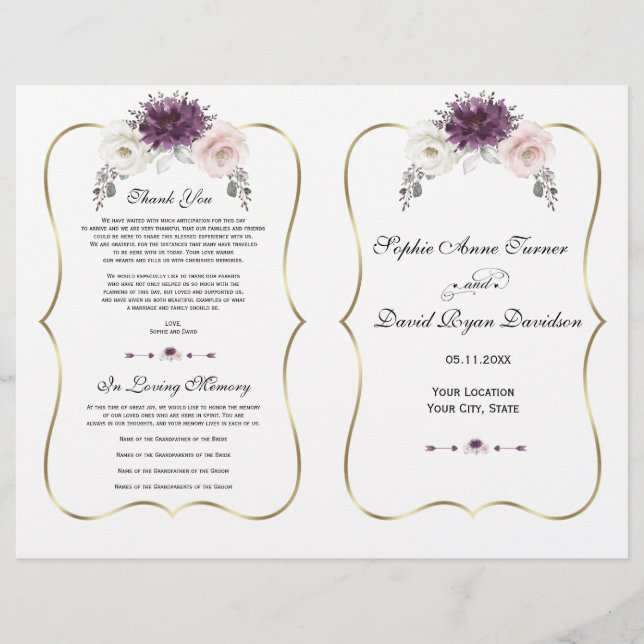 Lavender Rose Blanc Floral Gold Wedding Programme (Devant)
