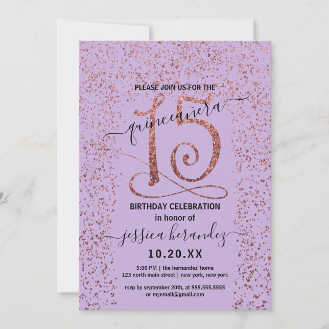Lavender Rose Gold Confetti Border Quinceañera Invitation (Front)