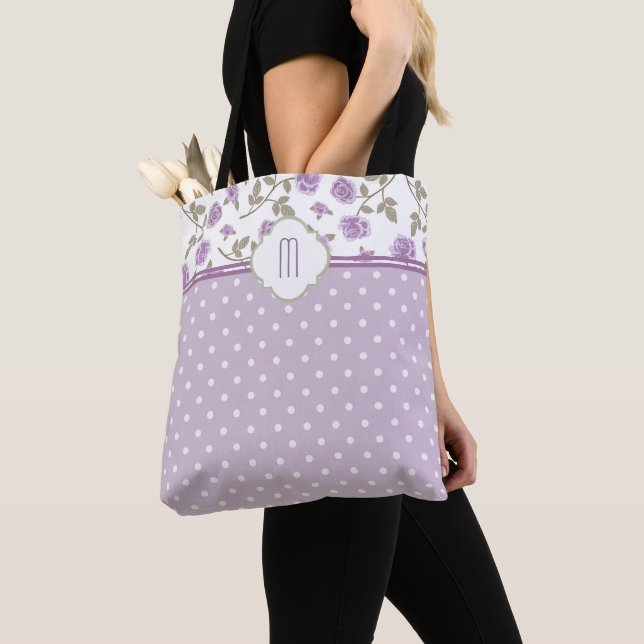 Lavender Rose Polka Dot Monogram Tote Bag (Close Up)