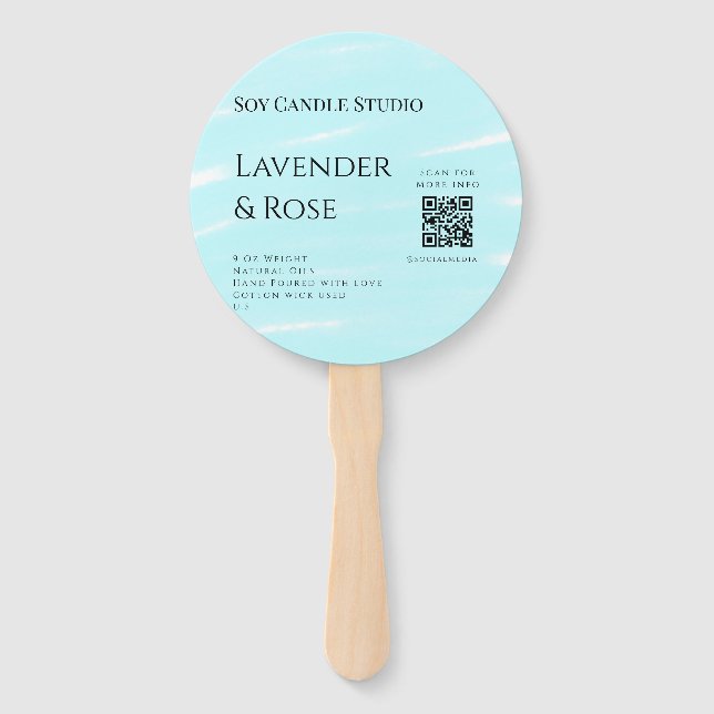 Lavender rose soy candle business add q r code tex hand fan (Front)