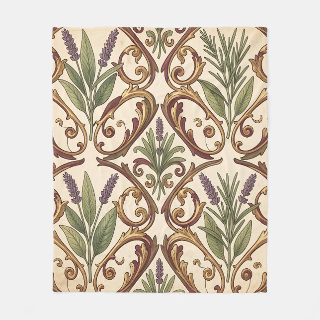 Lavender Rosemary Gold Scroll Pattern  Fleece Blanket (Front)