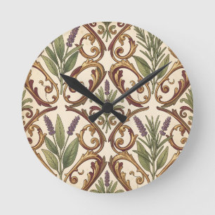 Lavender Rosemary Gold Scroll Pattern  Round Clock