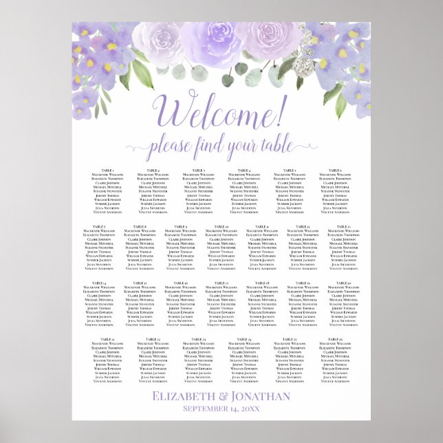 Lavender Roses 26 Table Boho Wedding Seating Chart (Front)