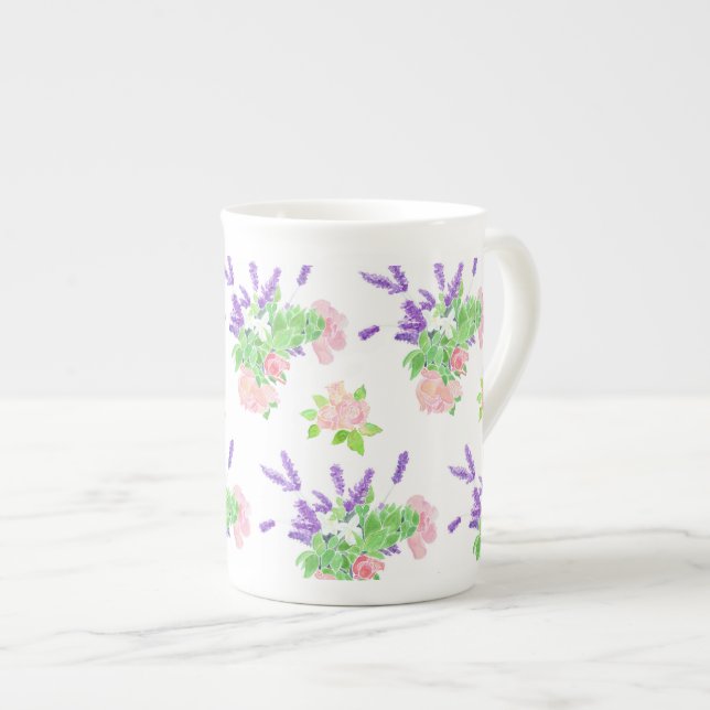 Lavender, Roses and Philadelphus Pattern on White Bone China Mug (Front Right)
