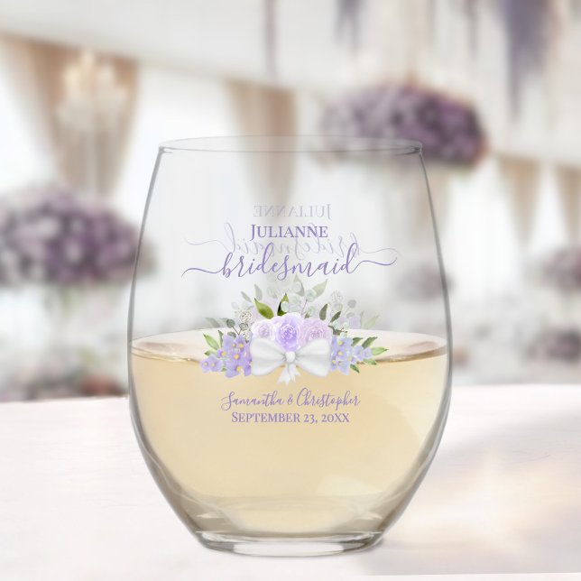 Lavender Roses Bridesmaid Maid of Honour Gift Stemless Wine Glass (Sold Individually or in Sets)