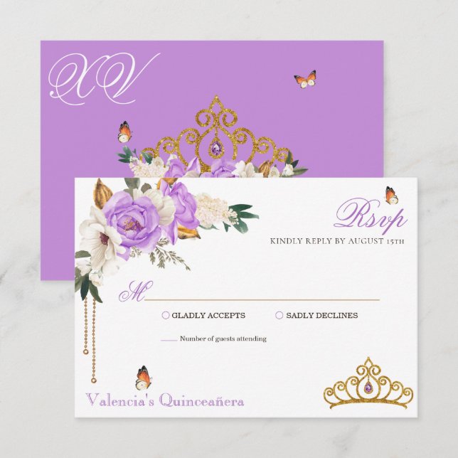 Lavender Roses Gold Gemstone Tiara Quinceanera RSVP Card (Front/Back)