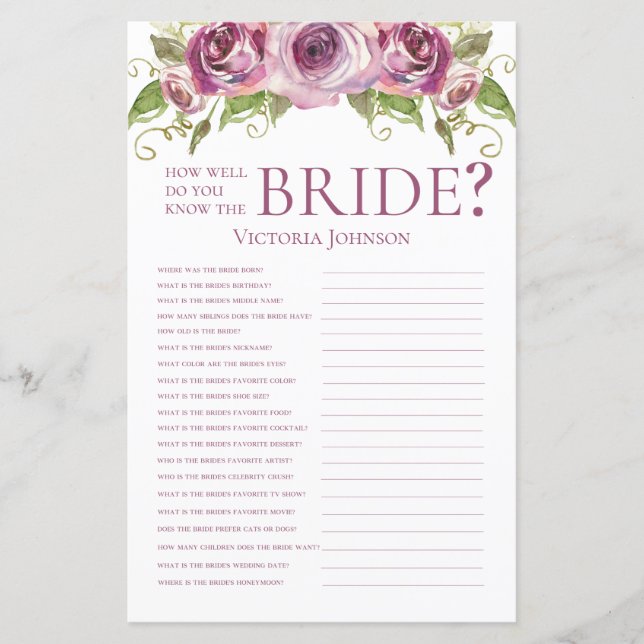 Lavender Roses How Well Do You Know The Bride? (Front)