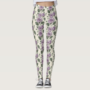 Lavender Roses With Silver And Green Leaves  Leggings