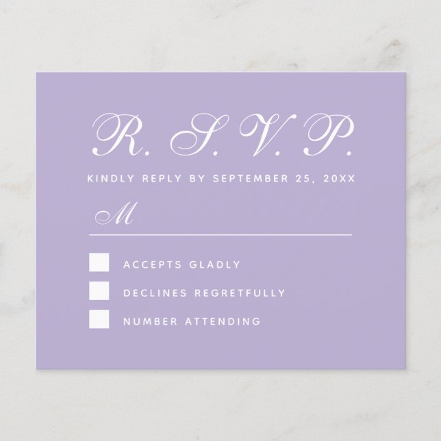 Lavender RSVP Budget Simple Script Purple Card (Front)