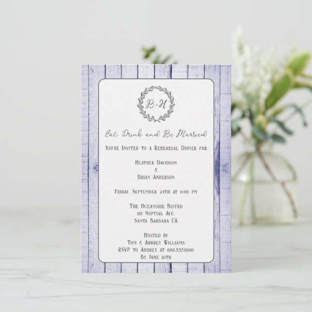 Lavender Rustic Monogram Rehearsal Dinner Invitation (Standing Front)