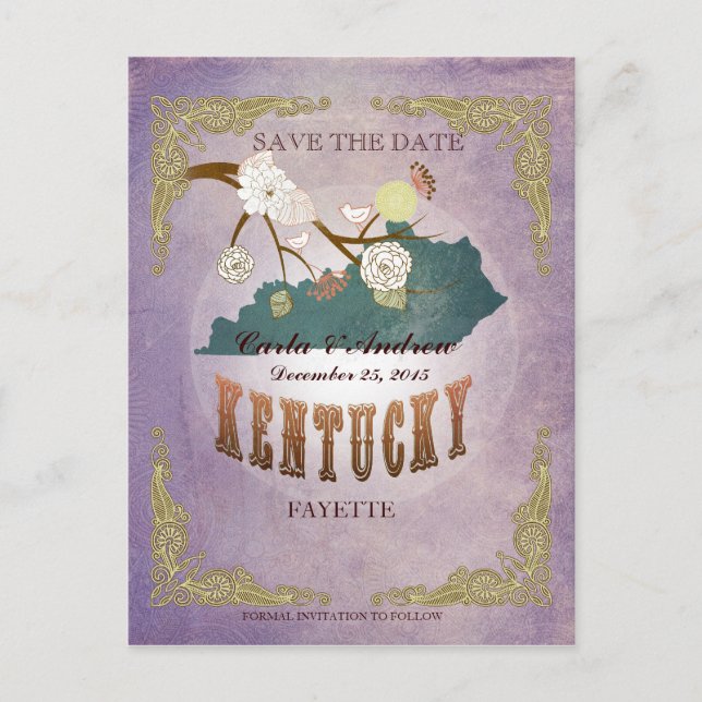 Lavender Save The Date -KY Map With Lovely Birds Announcement Postcard (Front)