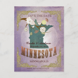 Lavender Save The Date - MN Map With Lovely Birds Announcement Postcard