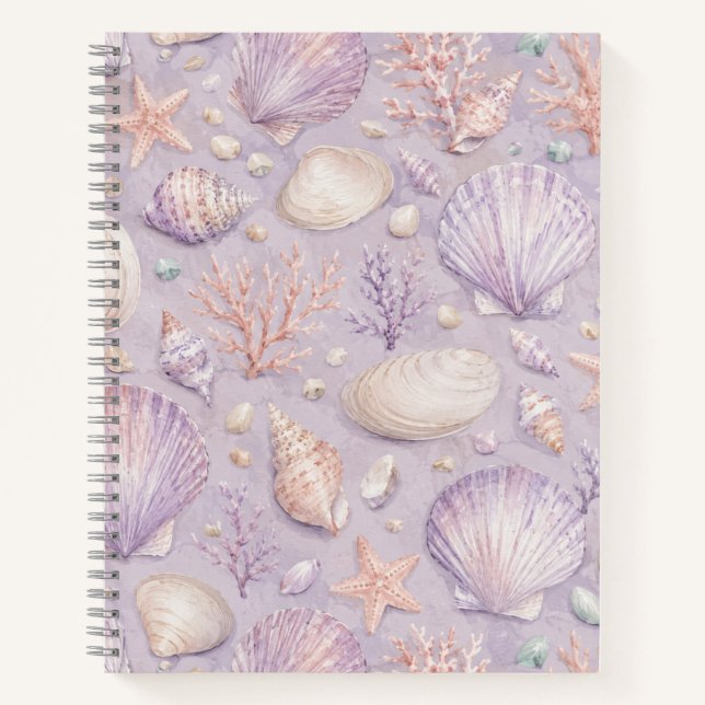 Lavender Seashell Watercolor Coastal Pattern Notebook (Front)