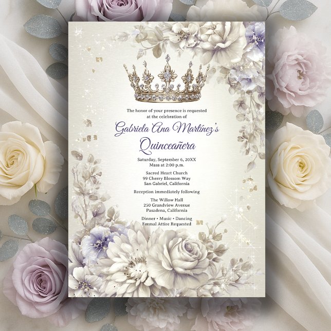 Lavender Silver Crown Floral Quinceañera Invitation (Lavender Silver Crown Floral Quinceañera Invitation
)