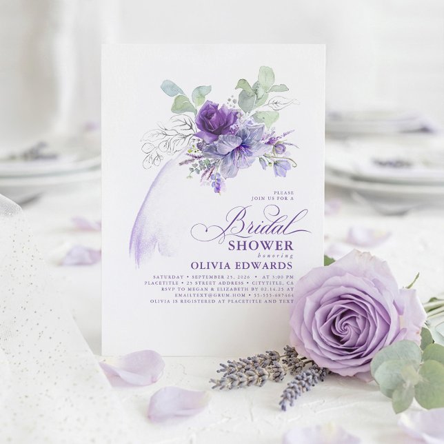 Lavender Silver Elegant Modern Boho Bridal Shower Invitation (Purple Watercolor Flowers and Gold Greenery Leaves Romantic Botanical Chic Bridal Shower Invitations)