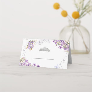 Lavender Silver Floral Tiara Butterfly Quinceañera Place Card