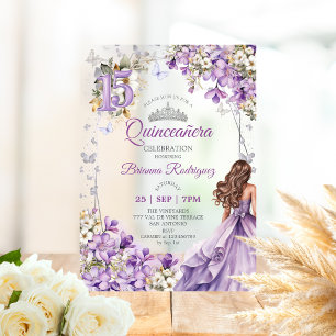 Lavender Silver Tiara Floral Quinceañera Acrylic Invitations