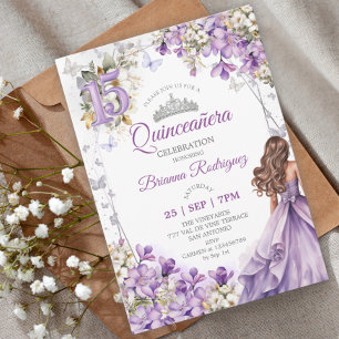 Lavender Silver Tiara Floral Quinceañera Invitation