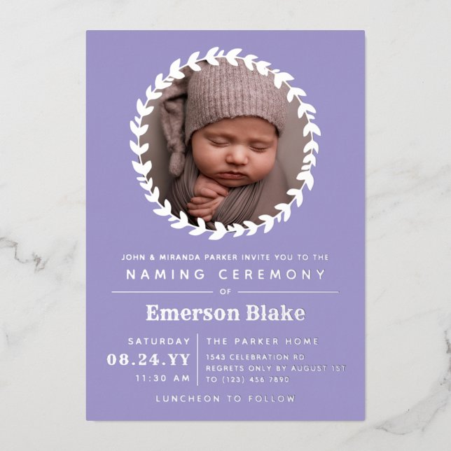 Lavender Silver Wreath Baby Photo Naming Ceremony (Front)