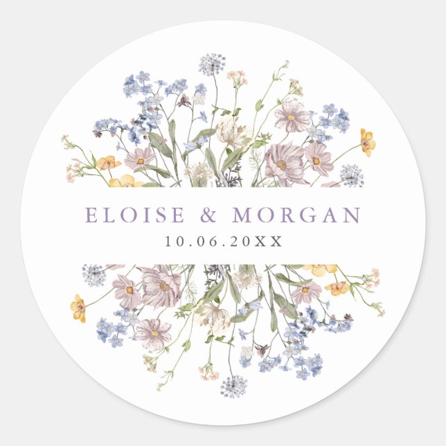 Lavender Spring Wildflower Meadow Garden Wedding  Classic Round Sticker (Front)