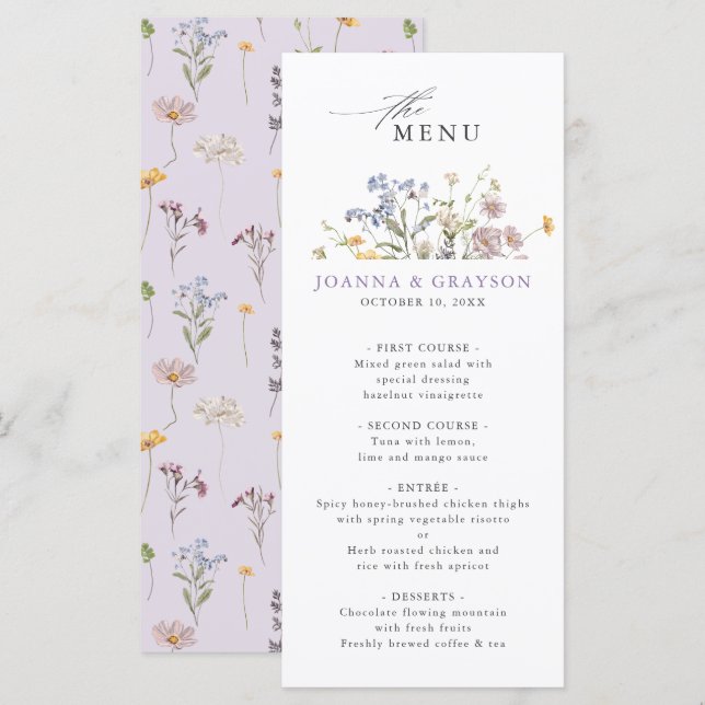 Lavender Spring Wildflower Meadow Garden Wedding  Menu (Front/Back)