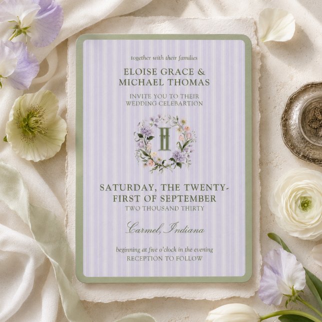 Lavender Stripe Floral Crest Spring Wedding Invitation (Lavender Stripe Floral Crest Spring Wedding Invitation)