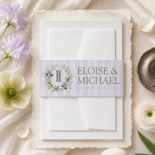 Lavender Stripe Floral Crest Wedding Invitation Belly Band