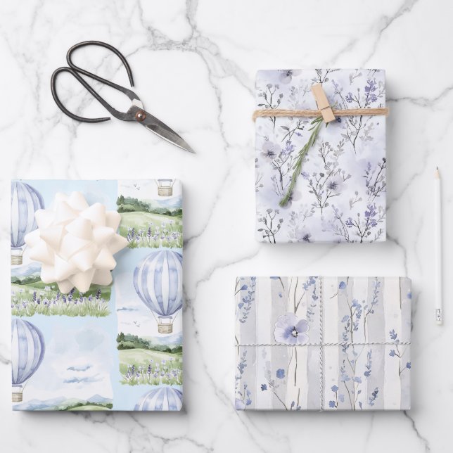 Lavender Stripes Balloon Floral Bridal Shower Wrapping Paper Sheet (Front)