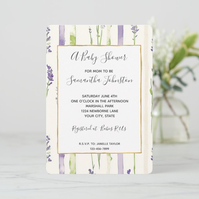 Lavender Stripes Floral Baby Shower Invitation (Standing Front)