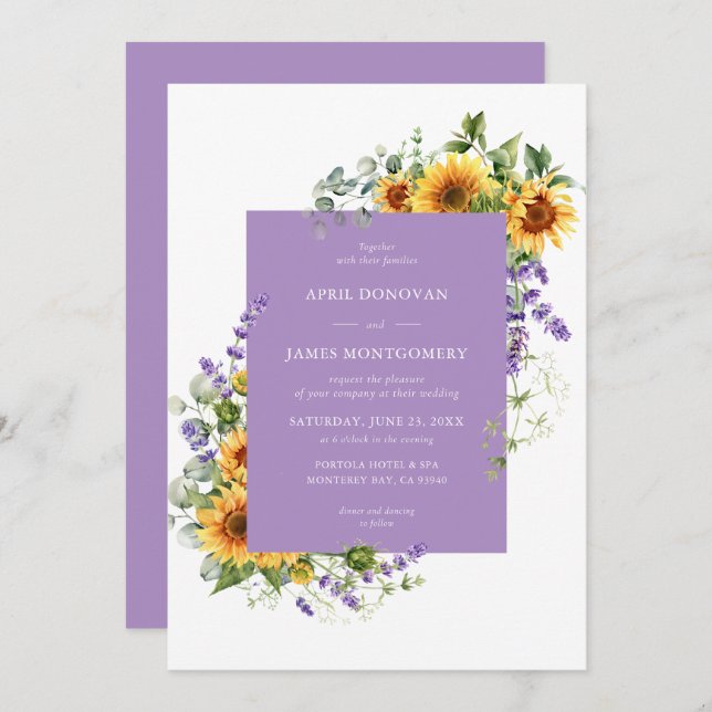 Lavender Sunflower Floral Frame Wedding Invitation (Front/Back)