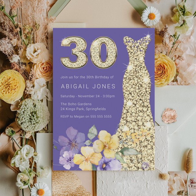 Lavender & Sunshine Gold Gown 30th Birthday Party Invitation (Creator Uploaded)