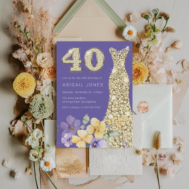 Lavender & Sunshine Gold Gown 40th Birthday Party Invitation (Creator Uploaded)